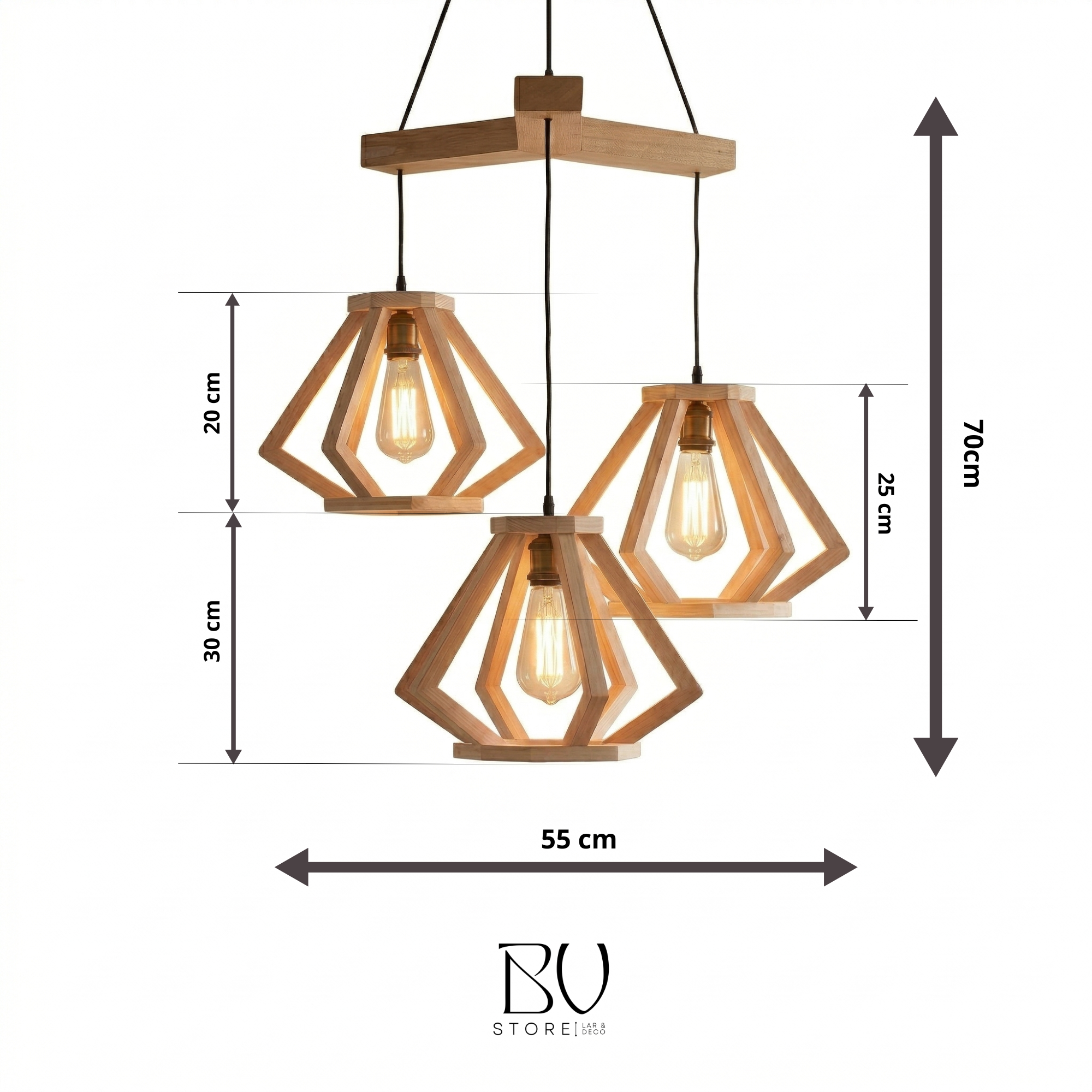 Luminária Pendente de Madeira para Sala de Jantar | Lustre em Madeira Geométrico Triplo