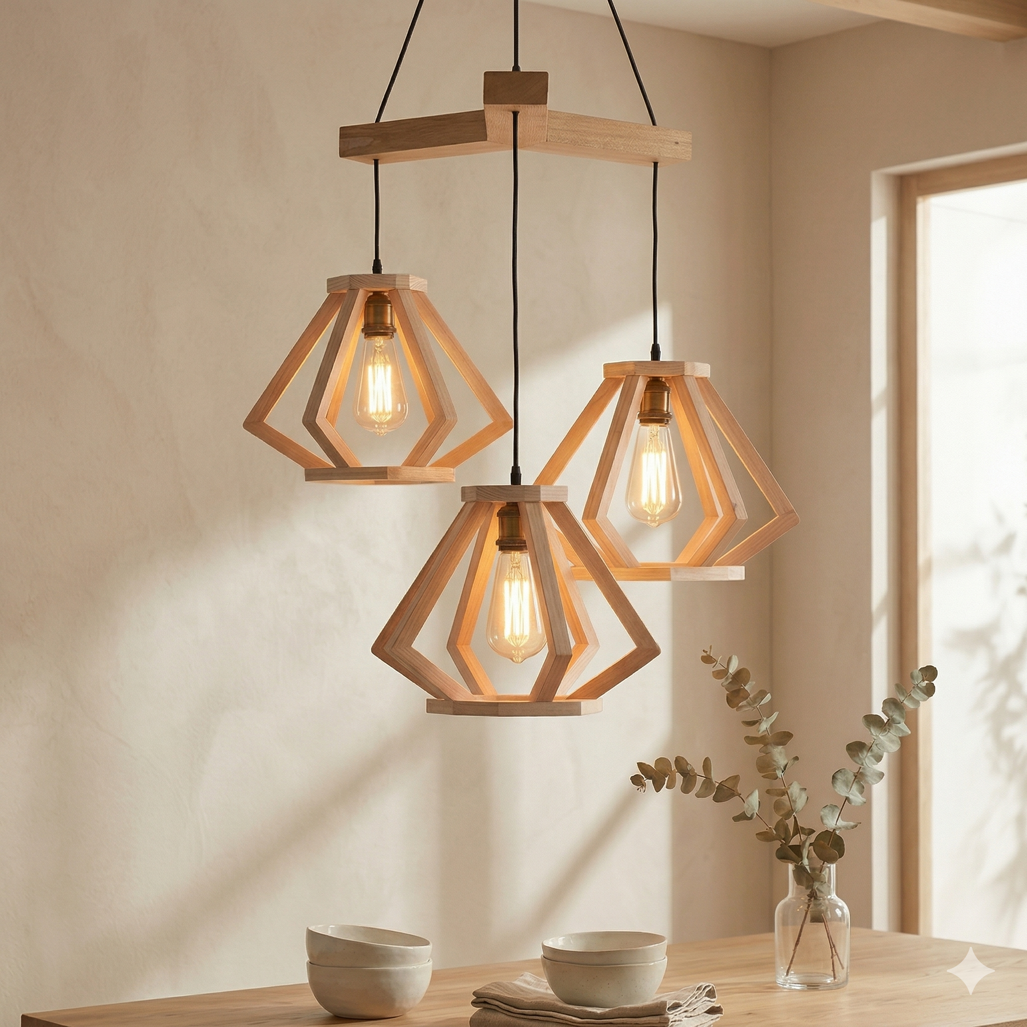 Luminária Pendente de Madeira para Sala de Jantar | Lustre em Madeira Geométrico Triplo
