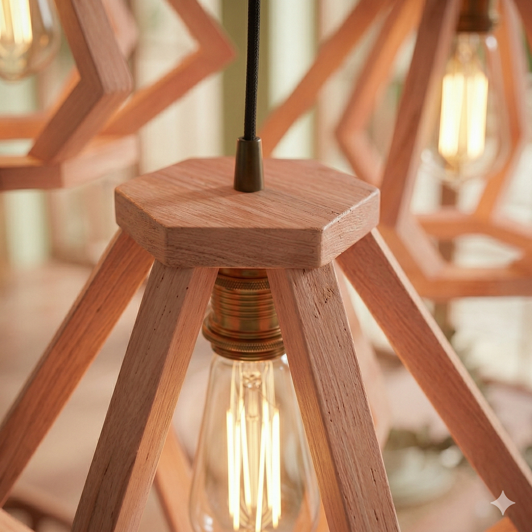 Luminária Pendente de Madeira para Sala de Jantar | Lustre em Madeira Geométrico Triplo