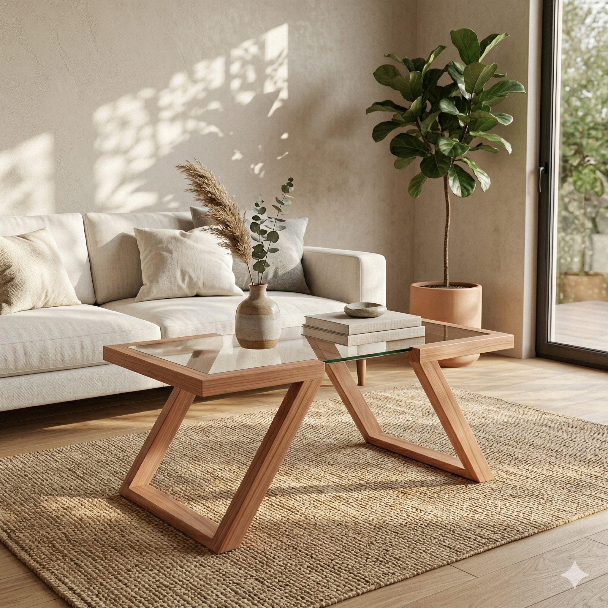 Mesa de Centro em Madeira Maciça com Tampo de Vidro – Design Contemporâneo