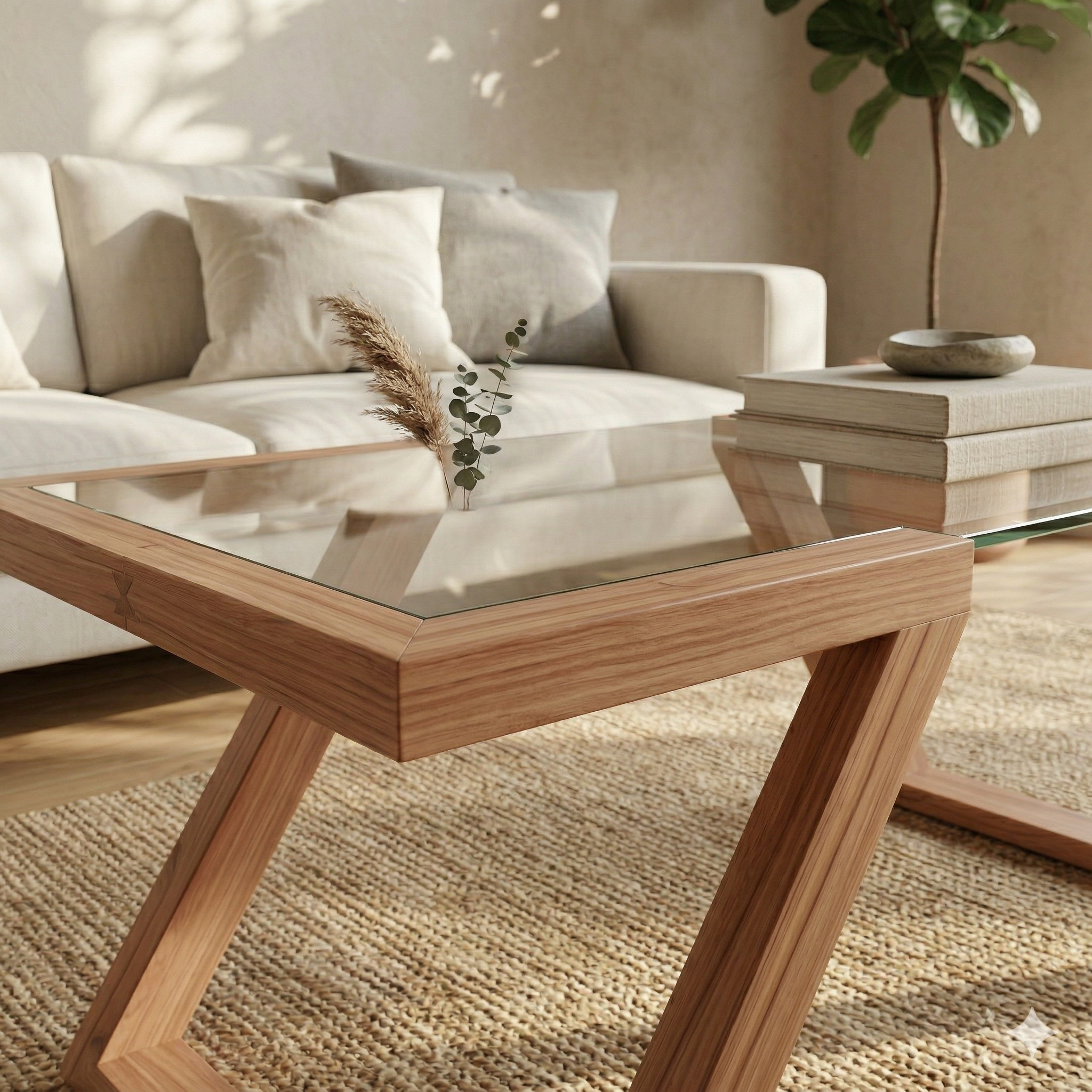 Mesa de Centro em Madeira Maciça com Tampo de Vidro – Design Contemporâneo
